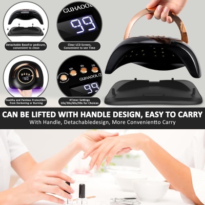 Aparelho de luz LED para manicure preto com alça de madeira, visor LCD e botões, usado para secar verniz de unhas