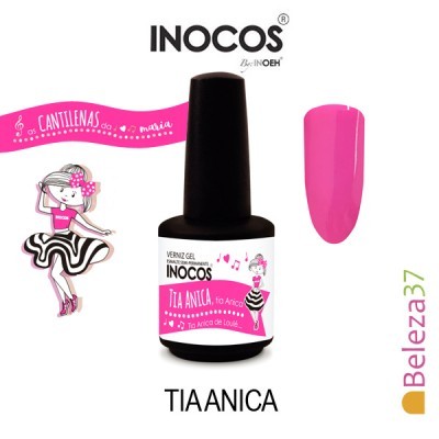 Frasco de verniz gel INOCOS TIA ANICA com etiqueta rosa e branca e ilustração de rapariga vestida com padrão às riscas preto e branco