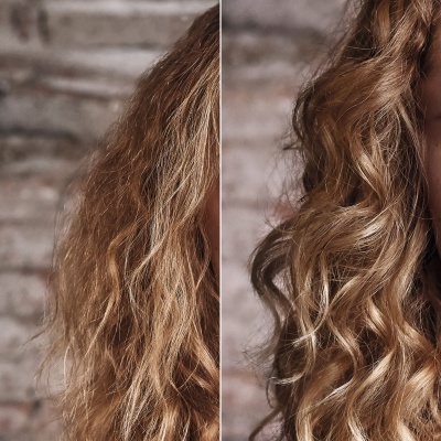Comparação de cabelo loiro antes e depois de tratamento com caracóis definidos.