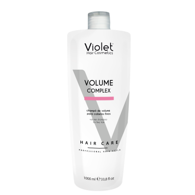Frasco branco de champô Violet Hair Cosmetics Volume Complex