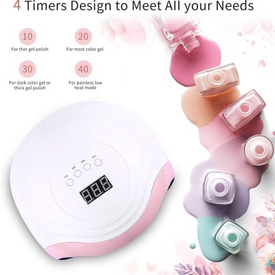 Lâmpada LED branca para unhas com temporizador digital e frascos de verniz gel colorido em tons pastel.