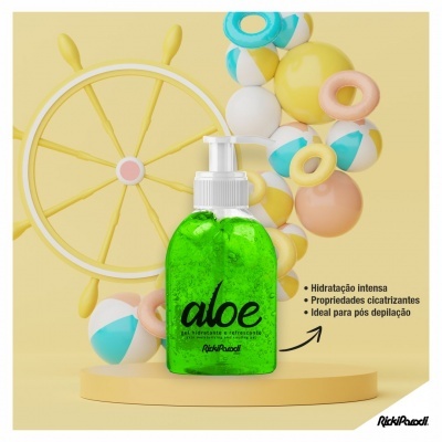 Frasco verde de gel aloe vera com tampa branca, texto em português destacando usos, decorado com fundo amarelo e objetos coloridos