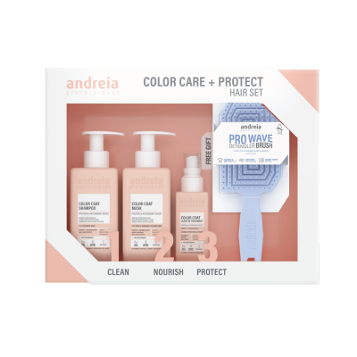 Conjunto Andreia Professional Color Care + Protect com shampoo, máscara, spray e escova azul