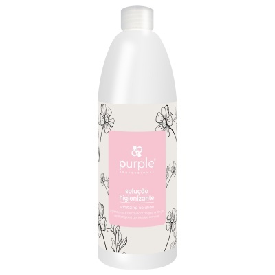 frasco branco de solução higienizante Purple com rótulo rosa e desenhos florais