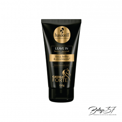 Tubo preto e dourado do produto Haskell Cavalo Forte Leave In 150g sobre fundo branco