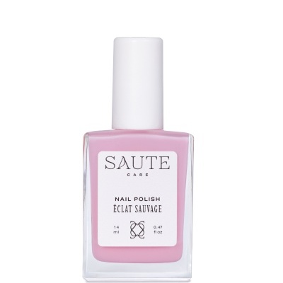 Frasco de verniz de unhas rosa com tampa branca e rótulo branco