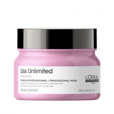 Embalagem rosa de máscara profissional para cabelo Liss Unlimited da L'Oréal Professionnel com tampa preta