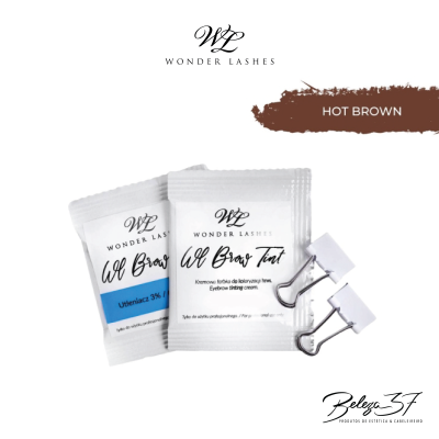 Pacotes brancos de produto WL Brow Tint da Wonder Lashes com clips e texto HOT BROWN