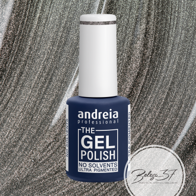 Verniz gel azul escuro Andreia Professional com tampa branca e texto no rótulo, sobre fundo prateado texturizado.