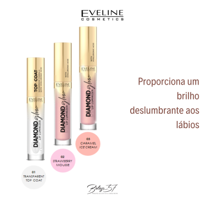 Três lip glosses Eveline Cosmetics Diamond No Life Liptint Lipgloss com embalagem transparente e tampas douradas em fundo branco