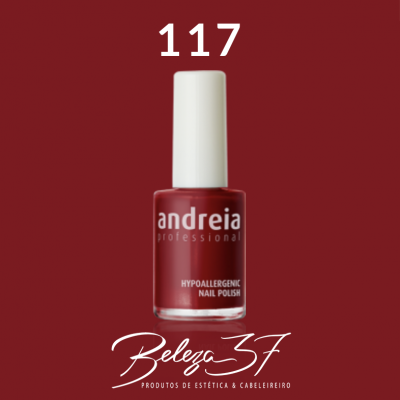 Verniz de unhas andreia professional vermelho escuro número 117 com tampa branca num fundo vermelho.