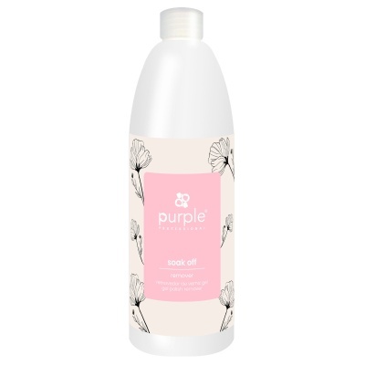Frasco branco de produto soak off da Purple Professional com rótulo floral