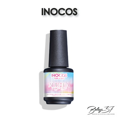 Frasco de verniz INOCOS Top Coat Aurora Magic Effect com etiqueta colorida