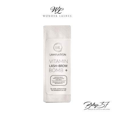 Pacote branco de amostra de cosmético Wonder Lashes com texto preto e logotipos em fundo branco