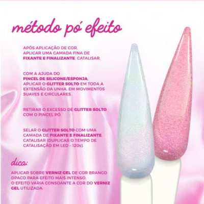 Instruções para aplicação de glitter solto em unhas com dois exemplos de unhas alongadas em branco e rosa brilhante.