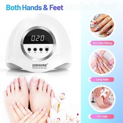 Lâmpada para unhas branca JODSONE, modelo SUNX20, com visor digital e botões, mãos e pés com unhas francesas, flores brancas ao redor.