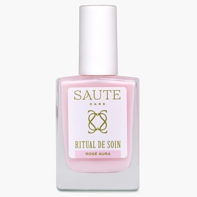 Frasco de verniz de unhas rosa claro com tampa branca e etiqueta com texto