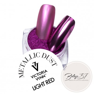 Pó metálico para unhas Victoria Vynn LIGHT RED em caixa transparente com tampa branca e amostras de cor