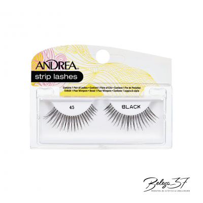 Par de pestanas posticas pretas Andrea strip lashes modelo 45 em estojo transparente com embalagem decorativa