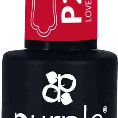 Frasco de verniz gel preto com tampa vermelha e texto branco.