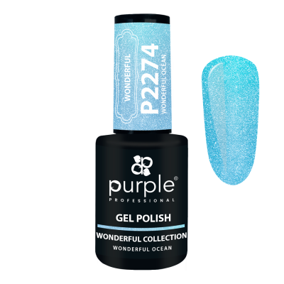 Verniz gel azul cintilante Purple Professional Wonderful Ocean em frasco preto com tampa azul