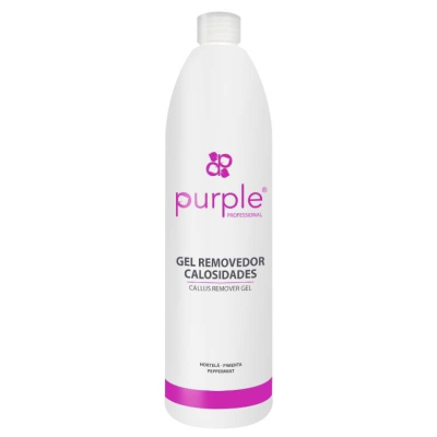 Frasco branco de gel removedor de calos com texto roxo e preto