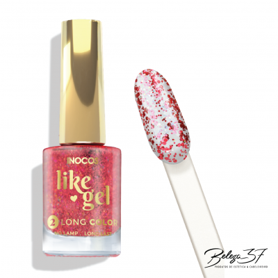 Frasco de esmalte INOCOS com glitter vermelho e paleta com amostra da cor aplicada
