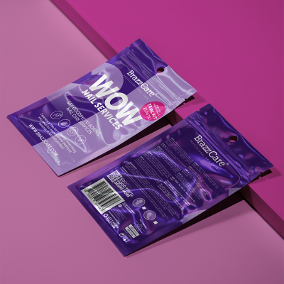 Pacote plástico roxo brilhante com produto para unhas Brasz Care WOW