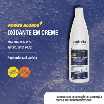 Frasco branco de creme descolorante Andreia Professional POWER BLONDE com texto e fundo azul com bolhas.