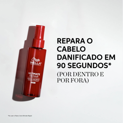 Frasco de spray vermelho Wella Ultimate Repair com texto promocional em fundo branco
