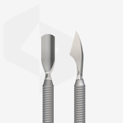 Dois instrumentos metálicos com cabos texturizados prateados em fundo cinzento