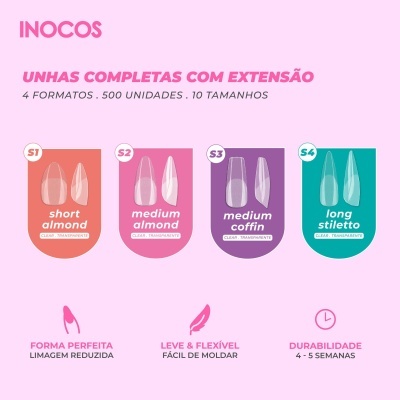Imagem promocional de 4 formatos de unhas INOCOS em tons de rosa, lilás e azul com detalhes sobre características do produto