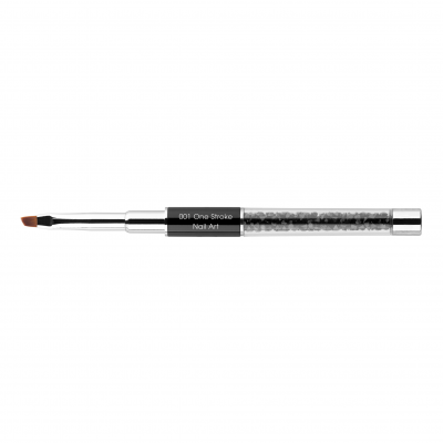 Pincel de nail art prateado com cabo cinzento e etiqueta preta com texto