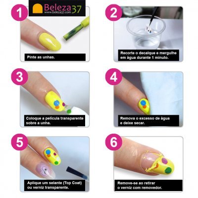 Instruções passo a passo para aplicar decalques em unhas amarelas com bolinhas coloridas.