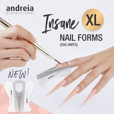 Caixa de Insane XL Nail Forms da Andreia Professional exibida junto a mão com unhas alongadas e formas para unhas.