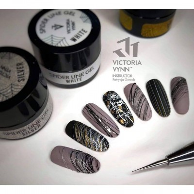 Frascos de gel Spider Line Gel Silver e White com unhas decoradas e pincel de nail art