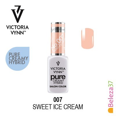 Verniz Victoria Vynn Pure Creamy Hybrid cor 007 Sweet Ice Cream, frasco branco com tampa creme metalizada