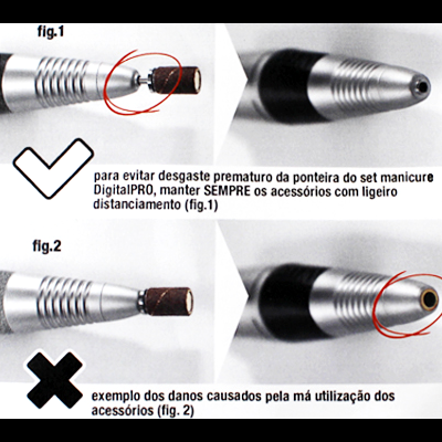 Ilustração de ponta de aparelho manicure DigitalPRO mostrando uso correto e errado