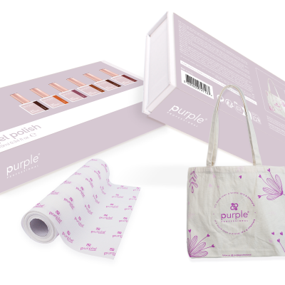 Kit gel polish com rolo de película protetora e ecobag decorada em tons de rosa e roxo