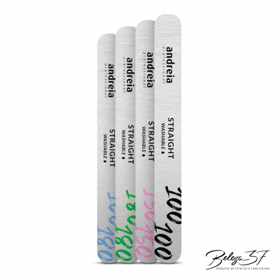 Quarteto de lixas de unha retangulares com texto e diferentes números coloridos.