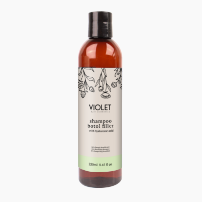 Frasco de shampoo Violet botol filler com rótulo branco e detalhes florais