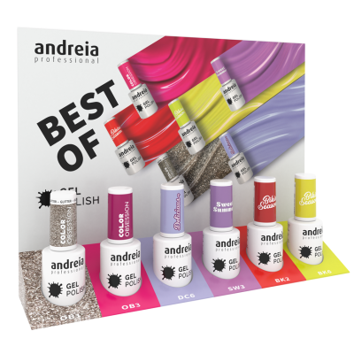 Expositor com vernizes gel polish Andreia Professional em várias cores