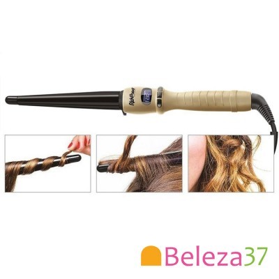 Modelador de cabelo elétrico bege com visor digital e exemplos de uso