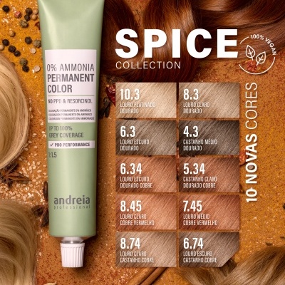 Tubo verde de coloração permanente de cabelo Andréia Professional coleção Spice com mechas de cabelo e texto sobre cores