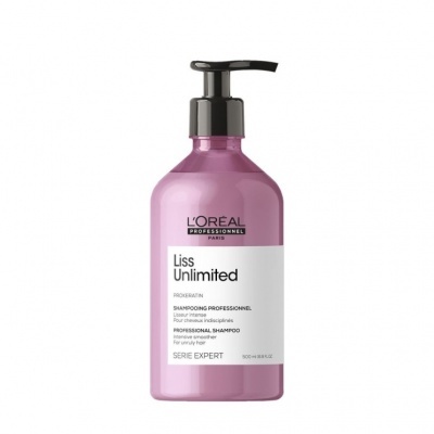 Frasco rosa de champô L'Oréal Liss Unlimited com doseador preto.