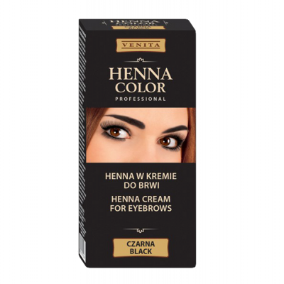 Caixa preta de henna em creme para sobrancelhas Venita Henna Color Professional com texto e imagem dos olhos