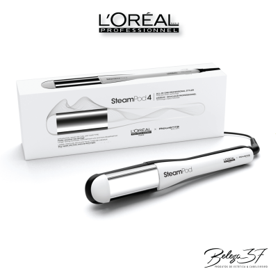 Alisador de cabelo SteamPod 4 branco e prateado com caixa