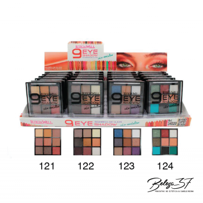Paletes de sombras 9 EYE SHADOW em diferentes combinações de cores com expositor da marca BELLISIMA WELL