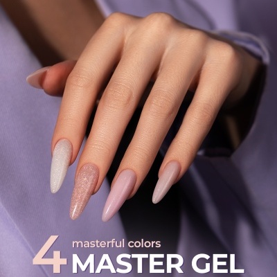 Unhas artificiais longas com gel em diferentes cores, mão feminina sobre fundo lilás