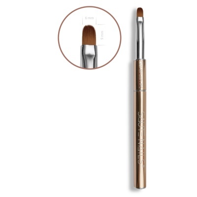 Pincel de maquilhagem dourado com cerdas castanhas e gráfico de medidas